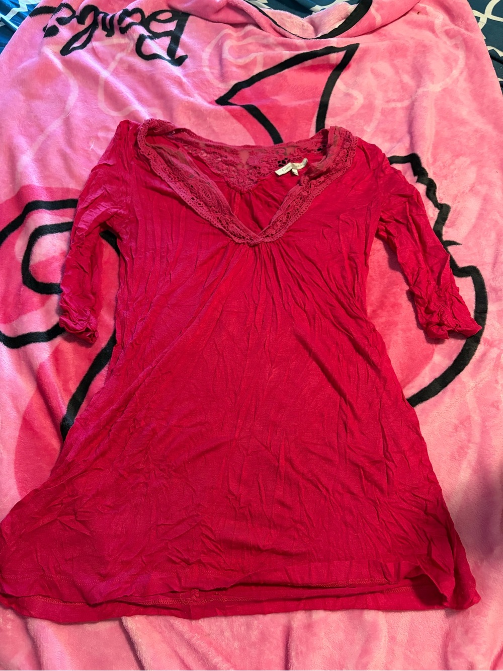 Costa Blanca Hot Pink Lace-Trim V-Neck Long Sleeve Top